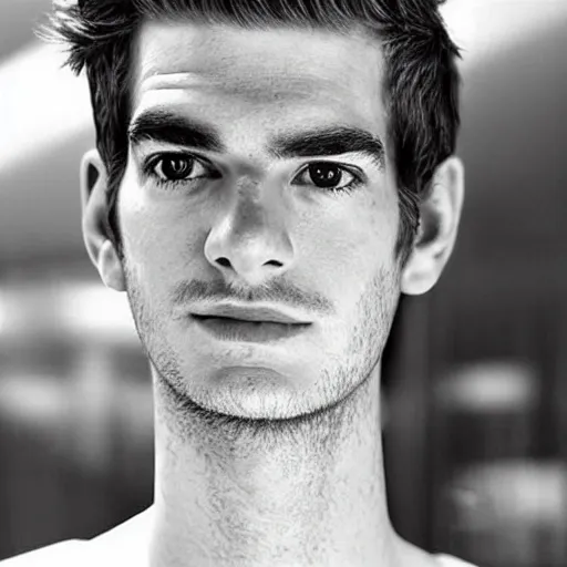 Image similar to “a realistic detailed photo of a guy who is an attractive humanoid who is half robot and half humanoid, who is a male android, Andrew Garfield, shiny skin, posing like a statue, blank stare”