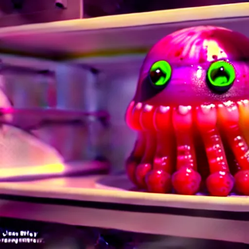 Image similar to jelly monster in the fridge, realistic, intricate details, highly details, photorealistic, octane render, 8 k, unreal engine.