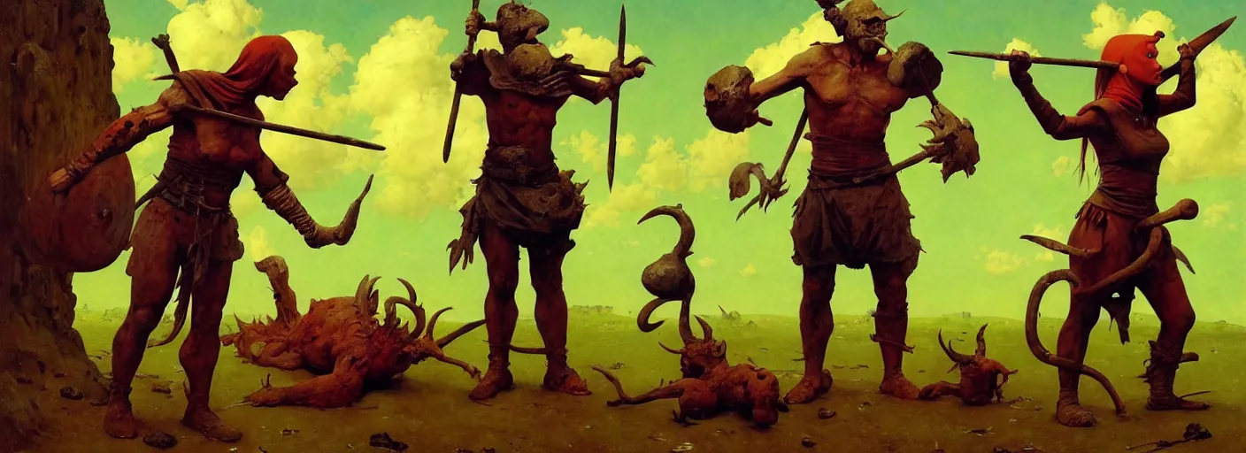 Image similar to full - body portrait surreal colorful clay fighting artstation rpg barbarian character concept art anatomy, action pose, very coherent and colorful high contrast masterpiece by norman rockwell franz sedlacek hieronymus bosch dean ellis simon stalenhag rene magritte gediminas pranckevicius, dark shadows, sunny day, hard lighting, reference sheet white! background