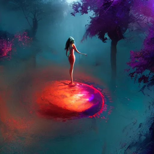 Image similar to !dream A Witch emerges from a pool of swirling purple and red magical liquid by Greg Rutkowski, 4k photorealistic, volumetric lighting, HD, high details, dramatic, trending on artstation