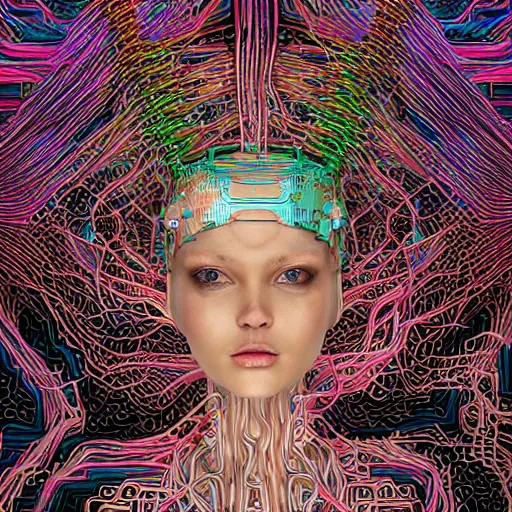 Prompt: swimming deeper into the multiverse, maze of modular synth cables mixed with mangrove roots, kawaii puerto rican goddess chilling out wearing a headpiece made of circuit boards designed by auroboros, by cameron gray, wlop, stanley kubrick, masamune, hideki anno, jamie hewlett, unique perspective, trending on artstation, 3 d render, vivid