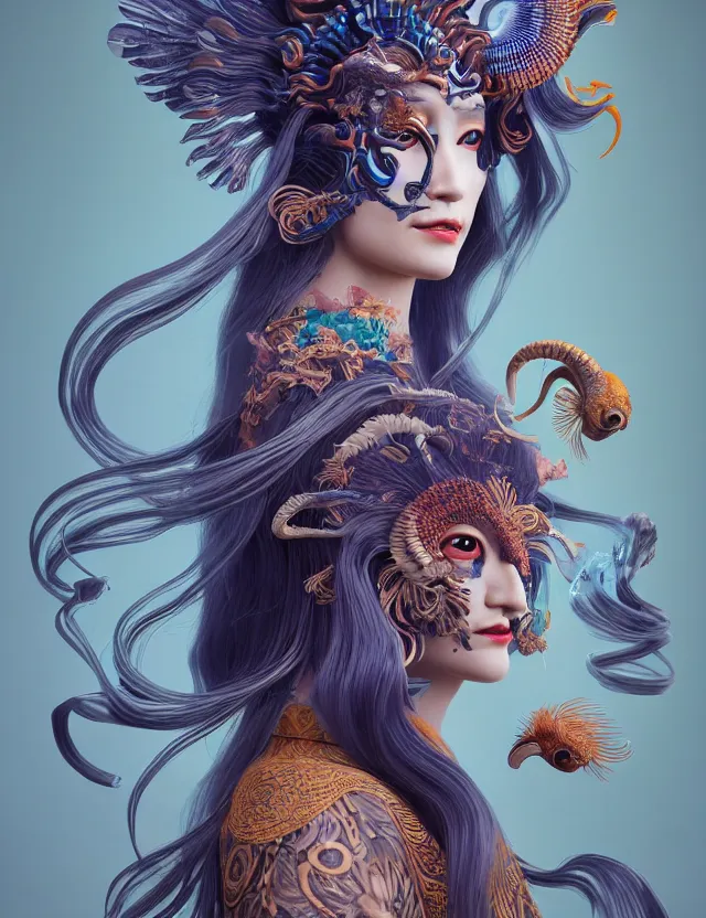 Image similar to 3 d goddess half - turn portrait with long hair with ram skull. beautiful intricately detailed japanese crow kitsune mask and clasical japanese kimono. betta fish, jellyfish phoenix, bio luminescent, plasma, ice, water, wind, creature, artwork by tooth wu and wlop and beeple and greg rutkowski