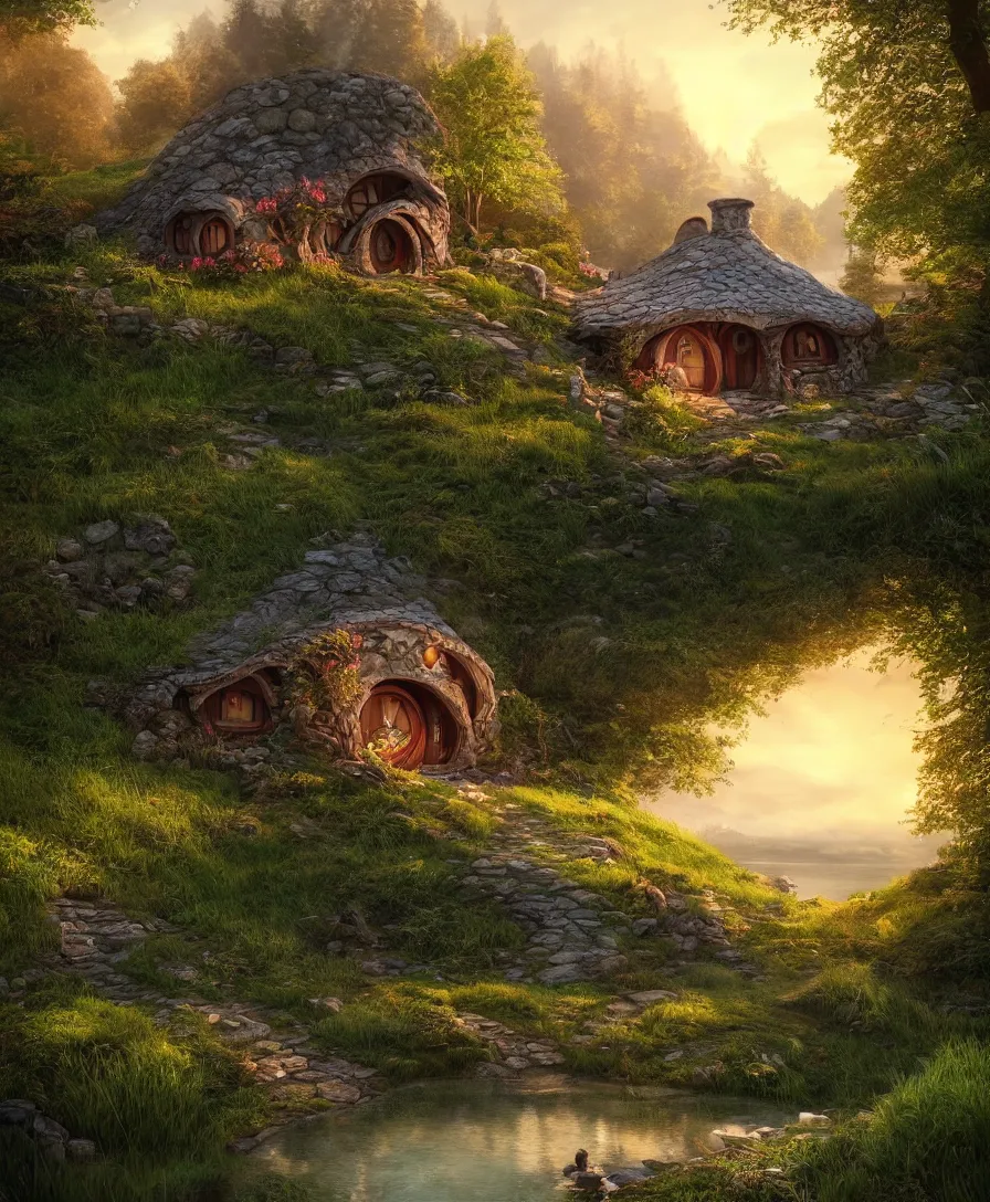 Prompt: beautiful Hyperrealistic hobbit house by the lake, highly detailed, digital painting, trending artstation, concept art, illustration, cinematic lighting, vibrant colors, photorealism, epic, octane render