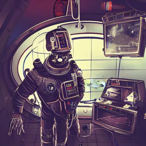 Image similar to old man in exosuit standing behind futuristic bar on space station, face tattoos, punk, grunge, rough, paint, scratchy, science fiction, cyberpunk, retrofuture, illustration