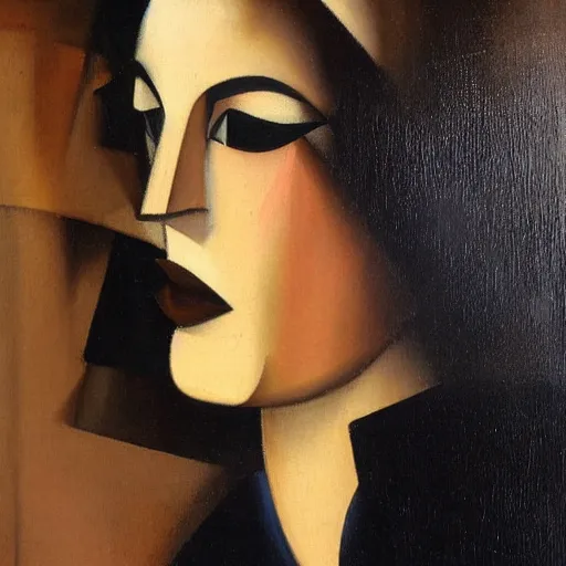 Prompt: by tamara de lempicka, by guy carleton wiggins lines. a beautiful kinetic sculpture of a person in profile, with their features appearing both in front of & behind their head.