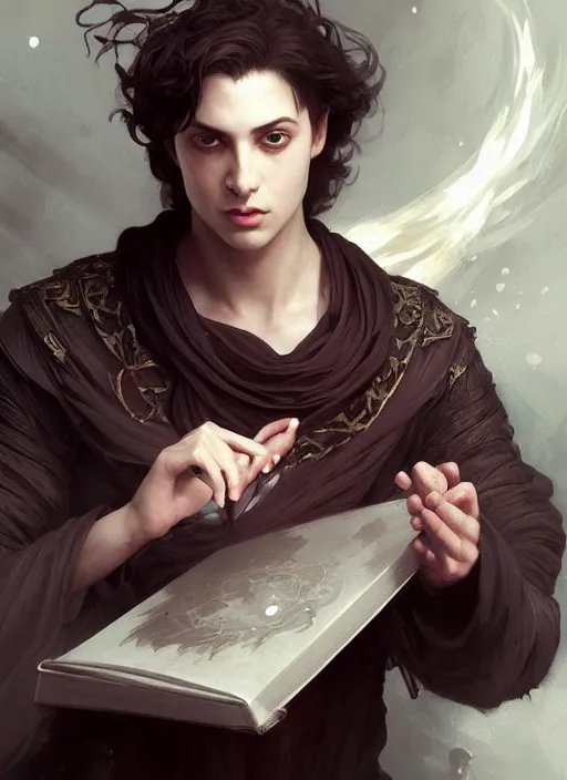 Prompt: character concept portrait of an attractive young Spanish wizard conjuring a death spell, a floating iridescent spell book in the center, intricate, elegant, digital painting, concept art, smooth, sharp focus, illustration, from Metal Gear, by Ruan Jia and Mandy Jurgens and William-Adolphe Bouguereau, Artgerm