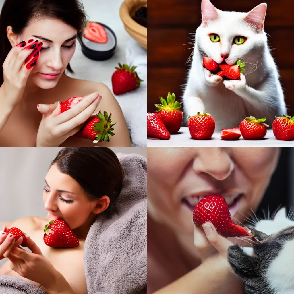 Prompt: Cat eating a strawberry whilst having spa treatments and manicure