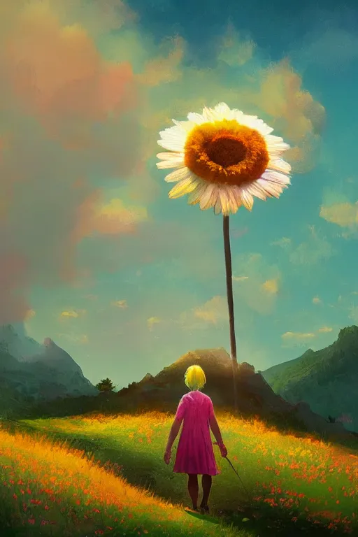 Image similar to giant daisy flower head, girl hiking in the mountains, surreal photography, sunrise, dramatic light, impressionist painting, colorful clouds, digital painting, artstation, simon stalenhag