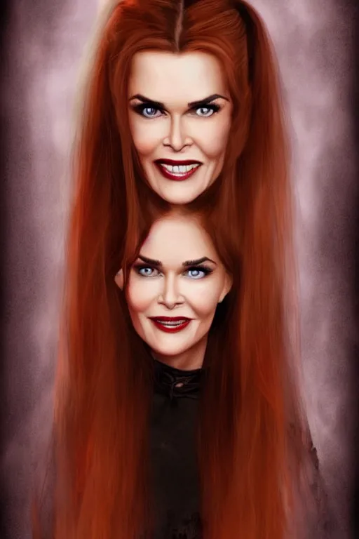 Image similar to mix of beautiful young maria shriver, mariel hemmingway, brooke shields, nicole kidman and elle macpherson as a vampire showing vampire teeth, ready to bite, thin lips, hair tied up in a pony tail, dark blonde hair, colorful, deviantart, artstation, cgsociety