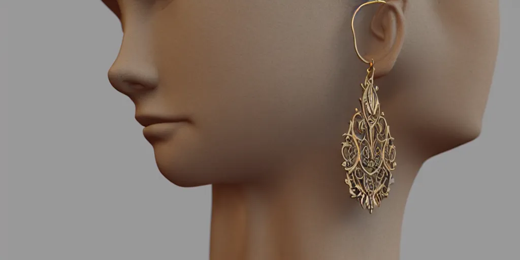 Image similar to earring design, jewelry design, wood, nordic, art deco, intricate, elegant, material, product design, trending on artstation, cgsociety, photo realistic, design by ziva cph and isabel lennse and kalevala, 8 k, unreal engine, c 4 d