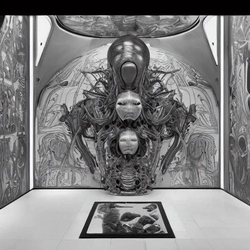 Image similar to alien breeding chambers, modern art installation, moma, extremely detailed, black and white photograph, by james jean and alphonse mucha and artgerm, 8 k