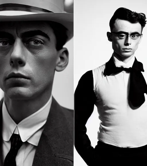 Prompt: a man who is a genetic combination of buster keaton and james dean, face and shoulders focus