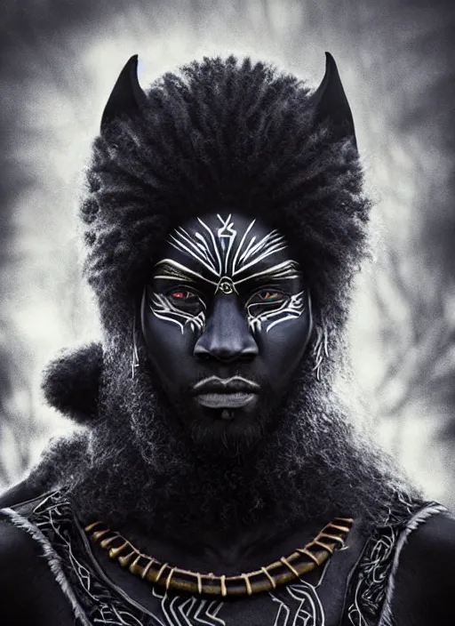 Image similar to photo of a gorgeous magic old shaman with a black panther, face painting, face in the style of stefan kostic, wild, thunders, fire, magic war, majestic, realistic, sharp focus, 8k high definition, insanely detailed, intricate, elegant, art by stanley lau and artgerm