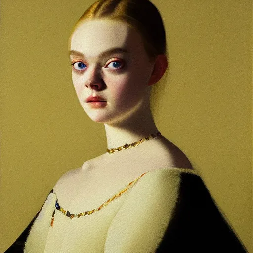 Prompt: a striking hyper real painting of Elle Fanning at night by Johannes Vermeer