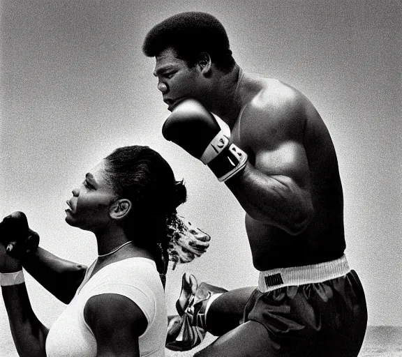 Prompt: muhammed ali and Serena Williams tripping on Peyote photograph by Dorothy Lange