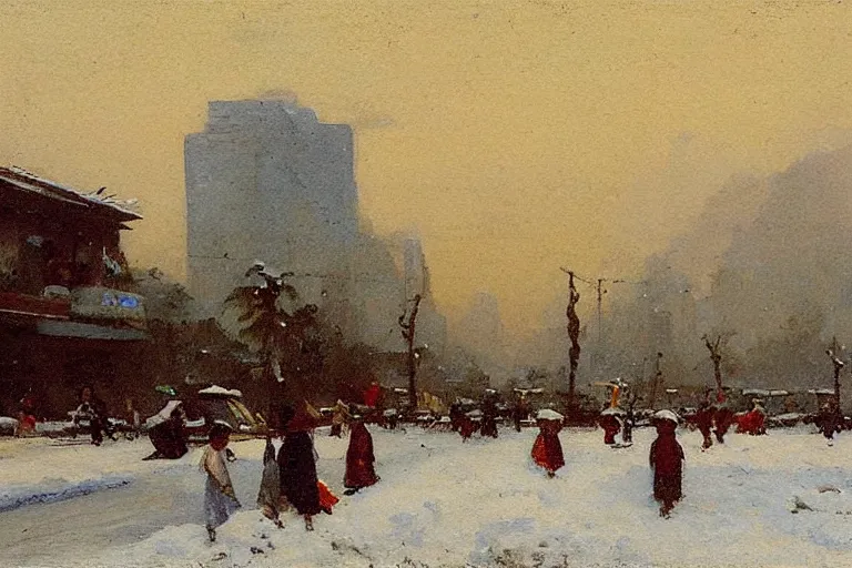 Prompt: Snow in Manila, painted by Fernando Amorsolo