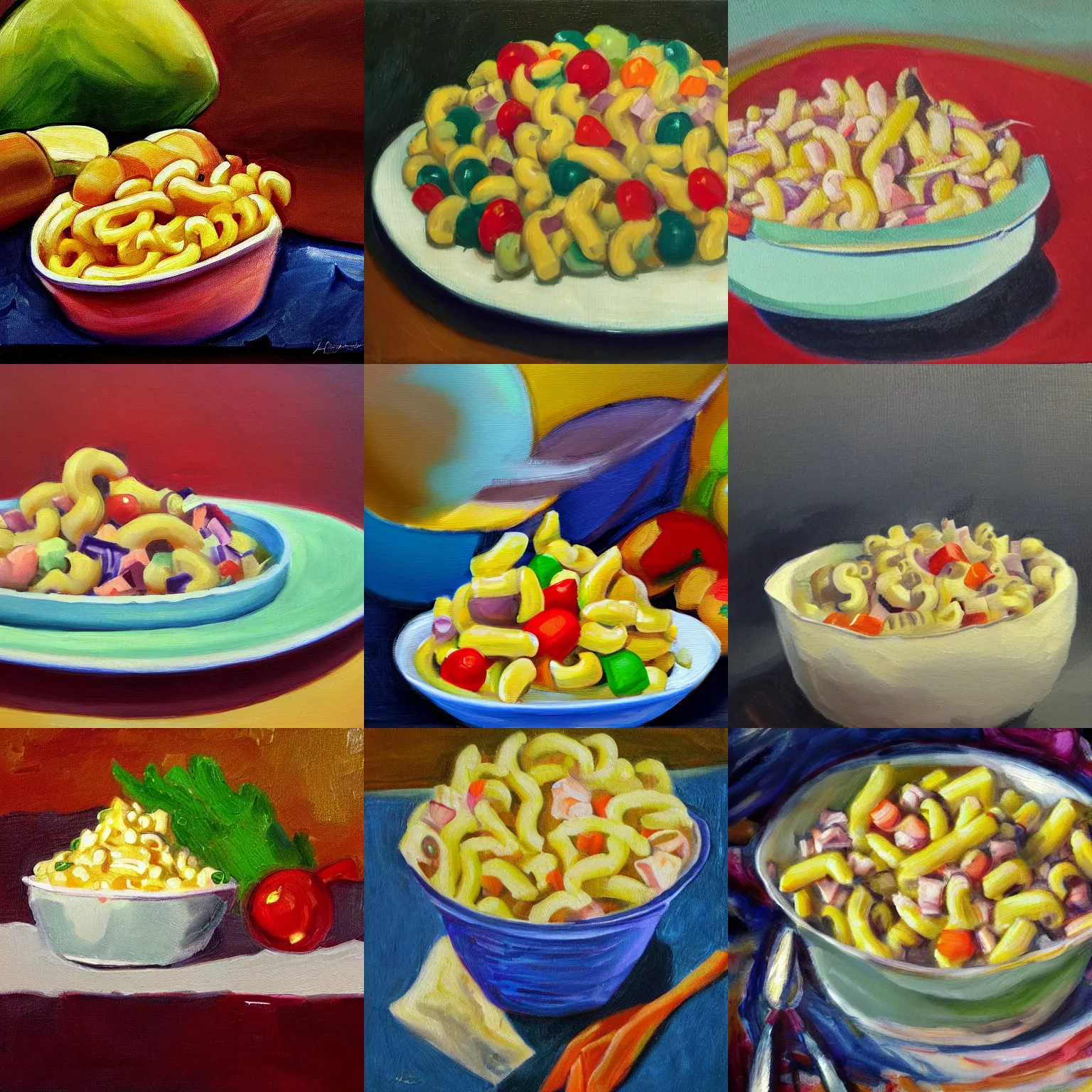 Prompt: still life painting of a macaroni salad, halo, epic, masterpiece, sharp focus