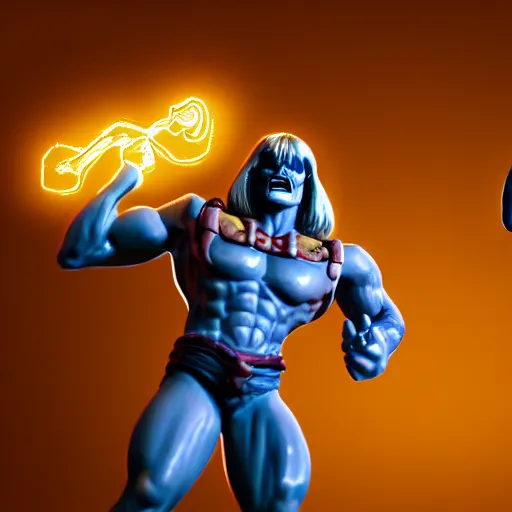 Image similar to He Man dancing with Skeletor, cinematic lighting, photorealistic