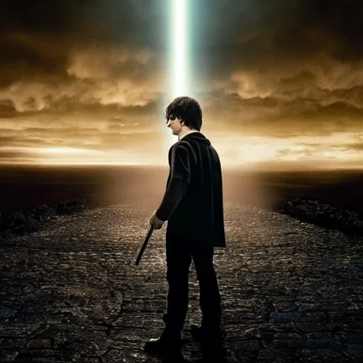 Prompt: Harry potter standing and holding a short wand, yellow light spell, side view, daniel radcliffe, thunderclouds, cinematic shot, wide shot, epic scale, photorealistic detail and quality, intricate cobblestone, magical special effects, movie still, nighttime, crescent moon, sharp and clear, action shot, intense scene, visually coherent, symmetry, rule of thirds, movement, photorealistic colors, cool colors transitioning to warm colors, modest tone, award winning, directed by Steven Spielberg, Christopher Nolan, Tooth Wu, Asher Duran, artstation