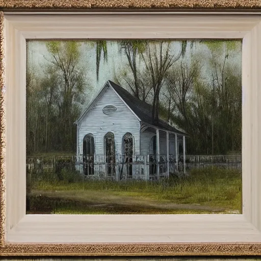 Image similar to 1 9 e century southern gothic scene, old white wooden church in bayou swamps, in louisiana, old painting style claude gellee