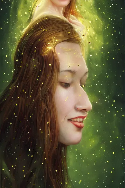 Prompt: infp young woman, smiling, amazed by golden fireflies lights, sitting in the midst of nature fully covered, long loose red hair, intricate linework, green eyes, small nose with freckles, oval shape face, realistic, expressive emotions, dramatic lights, spiritual scene, hyper realistic ultrafine art by cecco del caravaggio and albert bierstadt and artgerm