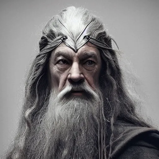 Image similar to a still from “ lord of the rings ” of a head and shoulders portrait of fei lung dressed like gandalf, photo by phil noto