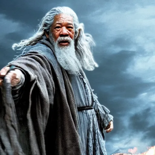 Image similar to Morgan Freeman as Gandalf the Grey fighting the balrog, still from Lord of the Rings movie, detailed, 4k