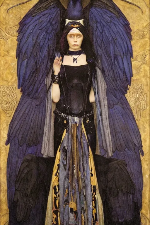 Image similar to a raven dressed as a goth shaman, by Annie Swynnerton and Nicholas Roerich and John Bauer and jean delville and John William Godward and Donato Giancola and Vermeer, black leather and embroidered velvet, iridescent beetles, rich color, dramatic cinematic lighting, featured on Artstation, extremely detailed