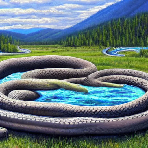 Prompt: oversized snake in a hotspring at yellowstone national park, highly detailed oil painting, featured on artstation