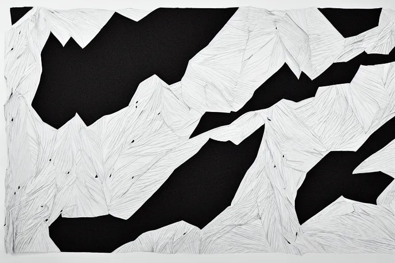 Prompt: two mountain ranges made out of paper crashing into each other violently, black and white, botanical illustration, black ink on white paper, bold lines