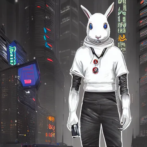 Image similar to a cyberpunk game where the main character is a white and grey rabbit