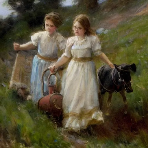 Prompt: close up of jack and jill going up the hill to fetch a pale of water, cinematographic shot, by daniel f. gerhartz