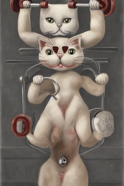 Image similar to anthro cat working out in the gym, an ultrafine detailed painting by mark ryden, trending on deviantart, pop surrealism, whimsical, lowbrow, grotesque