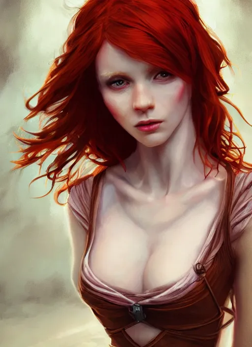 Image similar to Beautiful redhead girl which chest wrapped in bandages, portrait, fantasy, medieval, vivid colors, fantasy, elegant, concept art, sharp focus, beautiful face, digital art, Hyper-realistic, 4K, Unreal Engine, Highly Detailed, HD, Dramatic Lighting by Brom, trending on Artstation