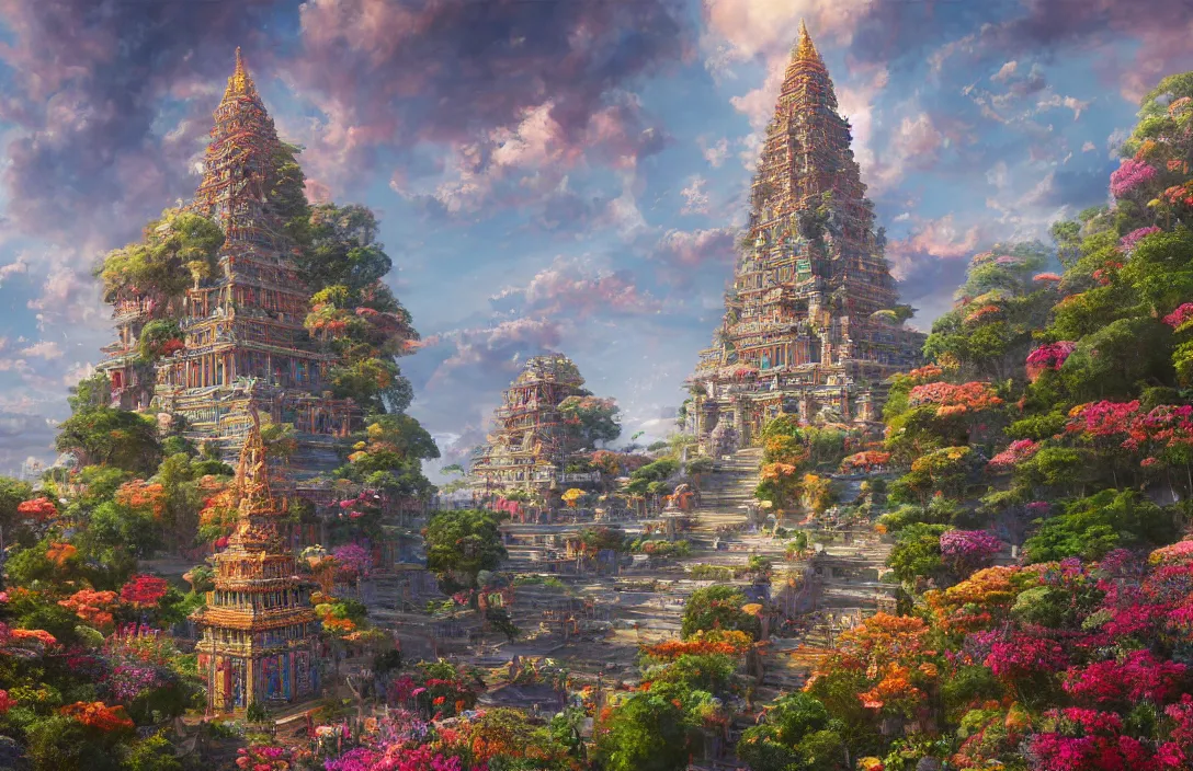 Prompt: a beautiful and highly detailed painting of a towering temple built on a world of massive scale bloom flora by sam spratt | wide angle | unreal engine :. 3