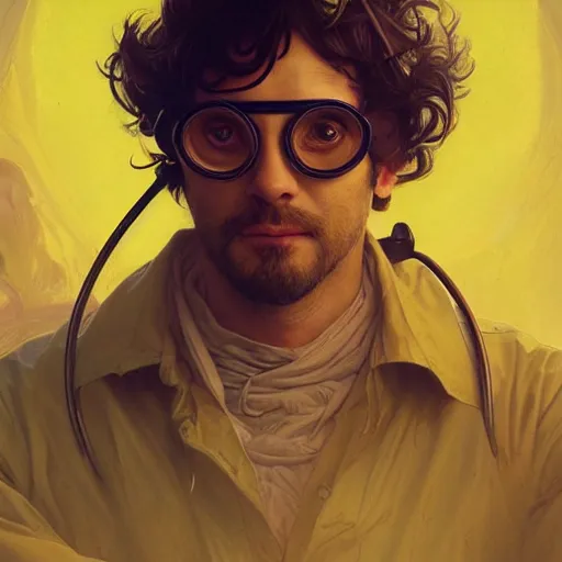 Image similar to an inventor, goggles, thin beard, messy black hair, d & d, yellow background, fantasy, intricate, cinematic lighting, highly detailed, digital painting, artstation, concept art, smooth, sharp focus, illustration, art by artgerm and greg rutkowski and alphonse mucha