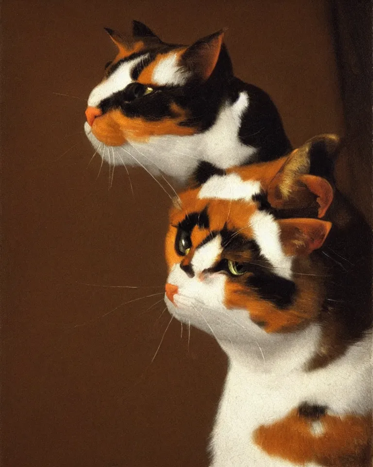 Prompt: close up portrait of one calico cat by vermeer. black background, three - point lighting, enchanting, realistic features, realistic proportions.