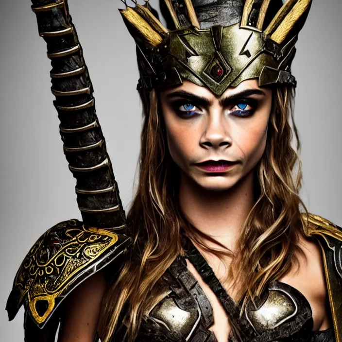 Image similar to professional full length photograph of cara delevingne as an amazon warrior. Extremely detailed. 8k