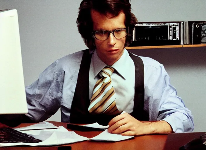 Prompt: color photo. stock market. handsome photomodel sitting by his 8 0's computer in the 8 0's smoking a cigarette