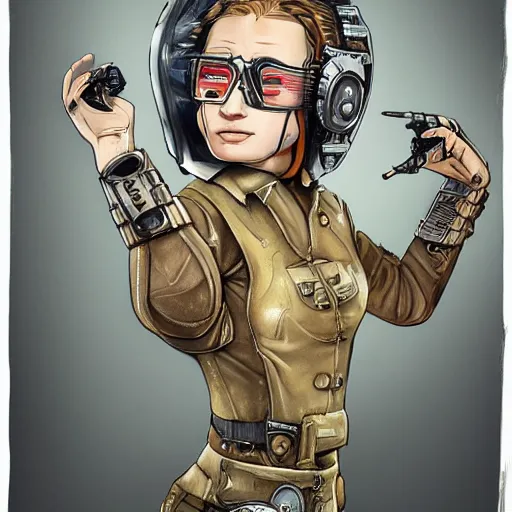 Image similar to highly detailed character concept art of stoic heroic emotionless square-jawed butch blonde tattooed woman engineer looking to side, wearing steampunk goggles and dirty ripped flight suit, on primitive planet, portrait, illustration, pulp sci fi, science fiction