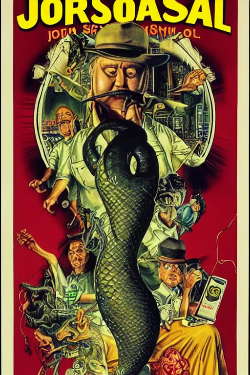 Image similar to poster for the 1 9 8 8 movie'formosan snake oil ', directed by jim jarmusch, starring john lithgow and uncle aloysius, poster by ed roth and basil wolverton ), crisp