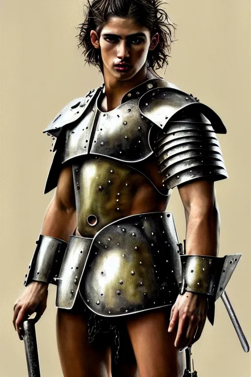 Prompt: a photorealistically painted portrait of a rugged young man, partially clothed in metal-plated battle armor, with an abstractly painted background, flawless olive skin, fair complexion, long dark hair, beautiful bone structure, perfectly symmetric facial features, perfect photorealistic eyes, muscular physique, intricate, elegant, digital painting, concept art, finely detailed, beautifully illustrated, sharp focus, minimal artifacts, volumetric lighting, from DOOM and Halo, by Ruan Jia and Mandy Jurgens and Artgerm and William-Adolphe Bouguerea, in the style of Greg Rutkowski, trending on Artstation, award winning art