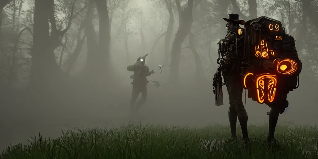 Image similar to a beautifully strange image of a gamekeeper wearing a dieselpunk mechanical fluorescent mystical animal mask. walking in the misty, dangerous river. in style of fornite game. award winning. dramatic. trending on artstation. high quality. rendered by beeple, by makoto shinkai, syd meade, digital art, unreal engine 5, fornite game. octane render