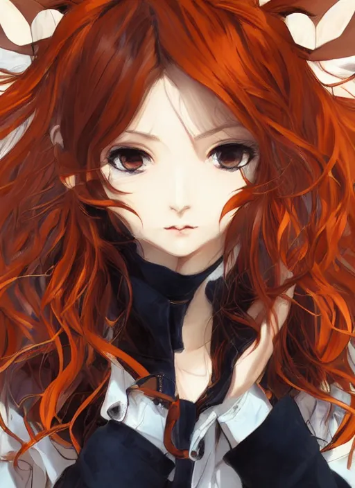 Image similar to portrait illustration by shigenori soejima, beautiful girl with fox ears, focus on face, pretty, cinematic lighting, painterly, long wavy orange hair, light brown trenchcoat