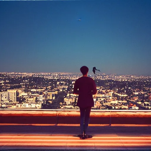 Image similar to ryan mcginley photograph, leica s, kodachrome, rooftop, los angeles, moon, downtown, echo park, lake, swans, landscape, cigarette