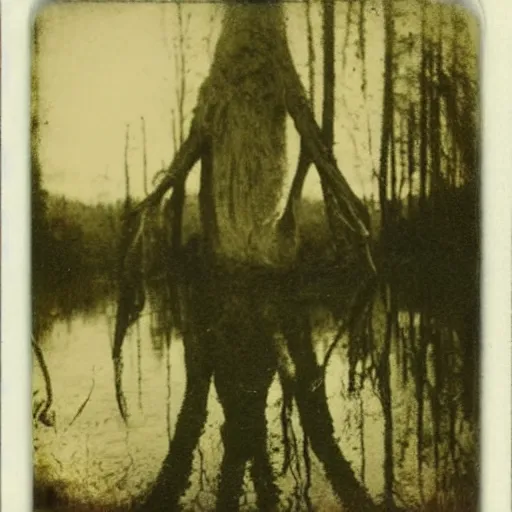 Image similar to creepy lovecraftian monster in swamp, 1 9 1 0 polaroid photo