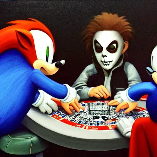 Image similar to Michael Myers, Sonic the Hedgehog, and Aristotle play poker. Oil painting, detailed, intricate, realistic.