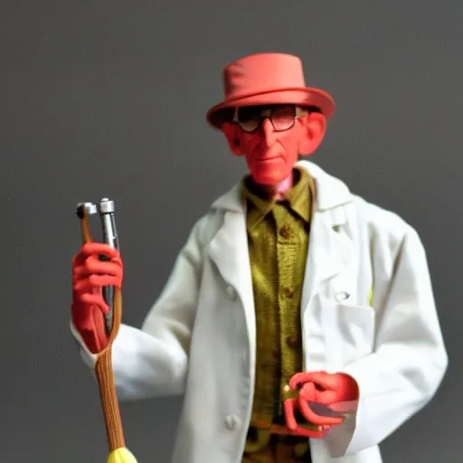Image similar to an articulated 1980s style action figure of William S Burroughs dressed as an old timey doctor