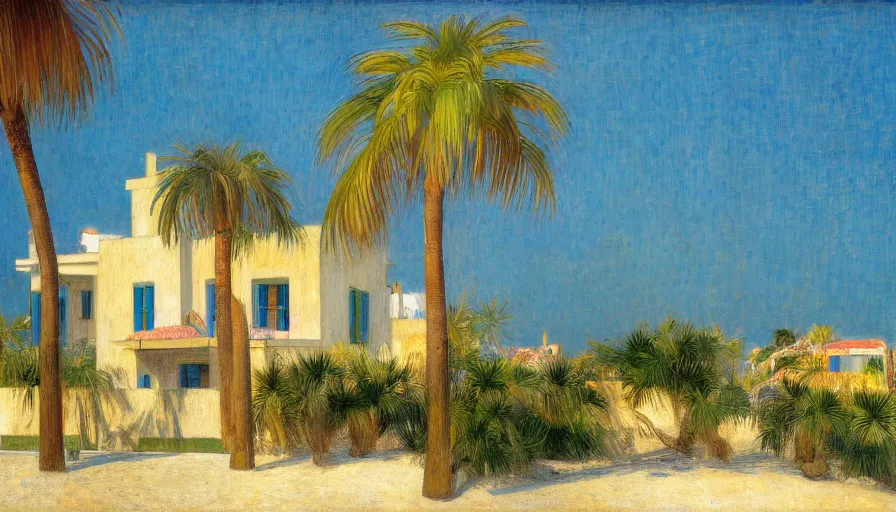 Image similar to a house designed by jules bastien - lepage, tarsila do amaral, frank weston and gustave baumann, beach, trending on artstation, mediterranean, palm trees, sharp focus, colorful refracted sparkles and lines, soft light, 8 k 4 k