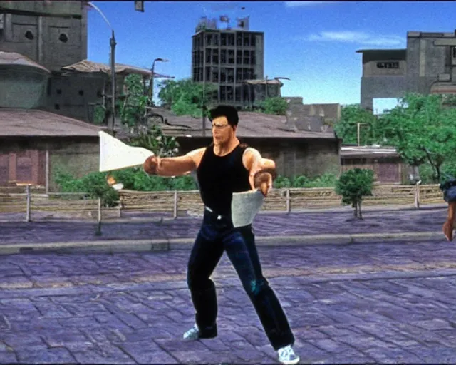 Prompt: a still of irl empty stage from Virtua Fighter in the movie Hard Target (1993), HDR, high quality, 8k, highly detailed and intricate,